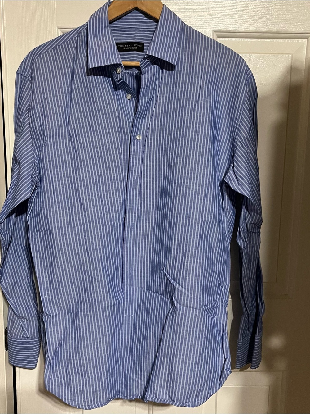 Bloomingdale's Linen Blue and White Striped Dress Shirt
19-16
